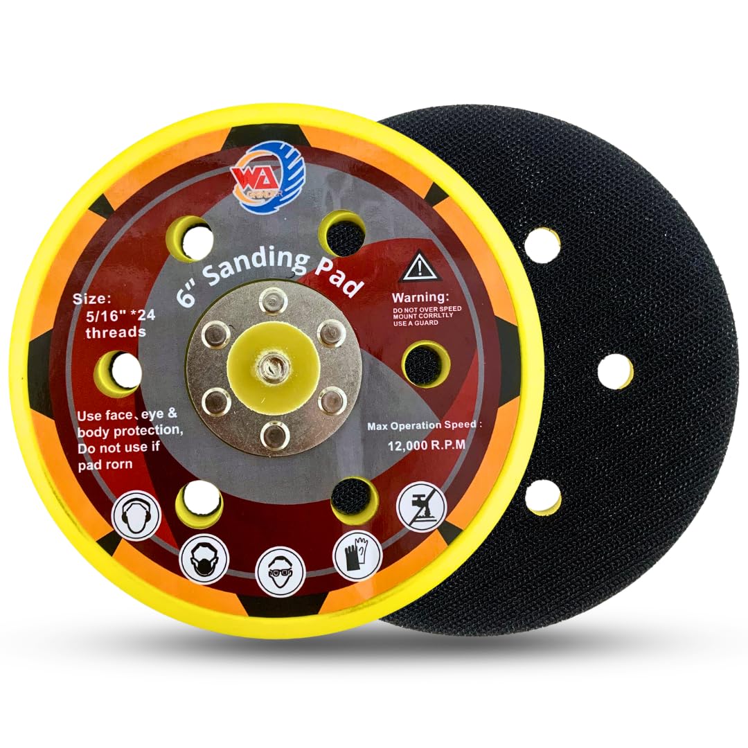 Plato de respaldo de gancho y bucle WA Grinder de 6", lijadora y pulidora orbital aleatoria de aire DA de 6 pulgadas, almohadilla de respaldo de discos de lijado, pulido y pulido de 6 orificios, respaldo de PU, rosca 5/16"-24