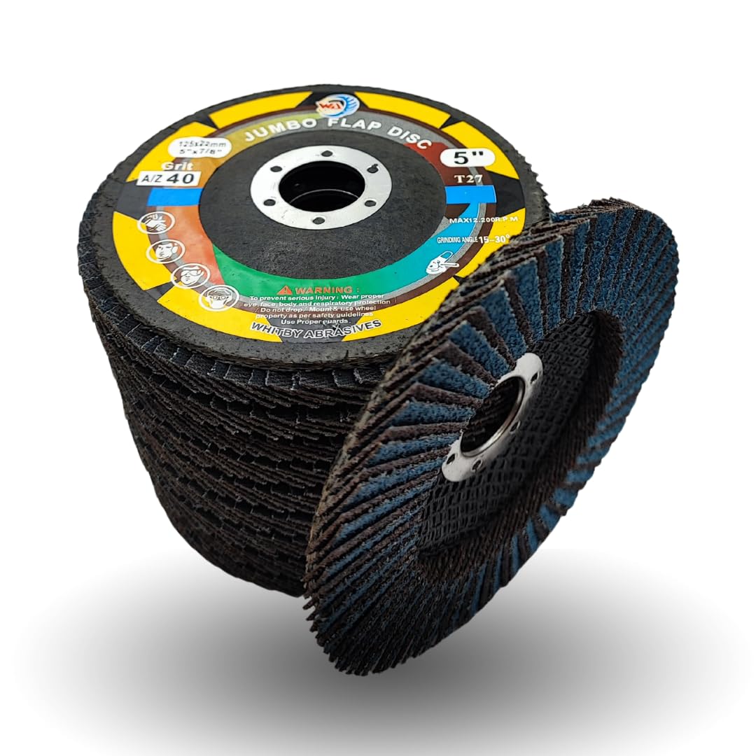 WA 10PACK- Disco de láminas jumbo de óxido de circonio y aluminio de alta densidad de 5" x 7/8", grano 40, rueda de lijado y esmerilado de grado industrial premium, para amoladora angular con corte agresivo, grano grueso 40, tipo 27