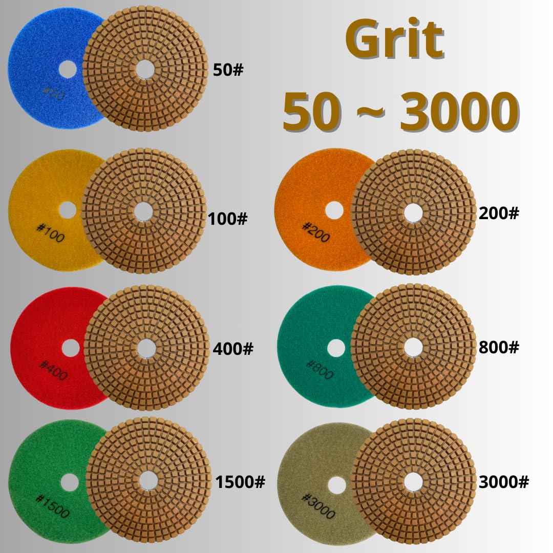 7 PACK 5" Diamond Wet Polishing Pads – 50 to 3000 Grit for Stone & Concrete