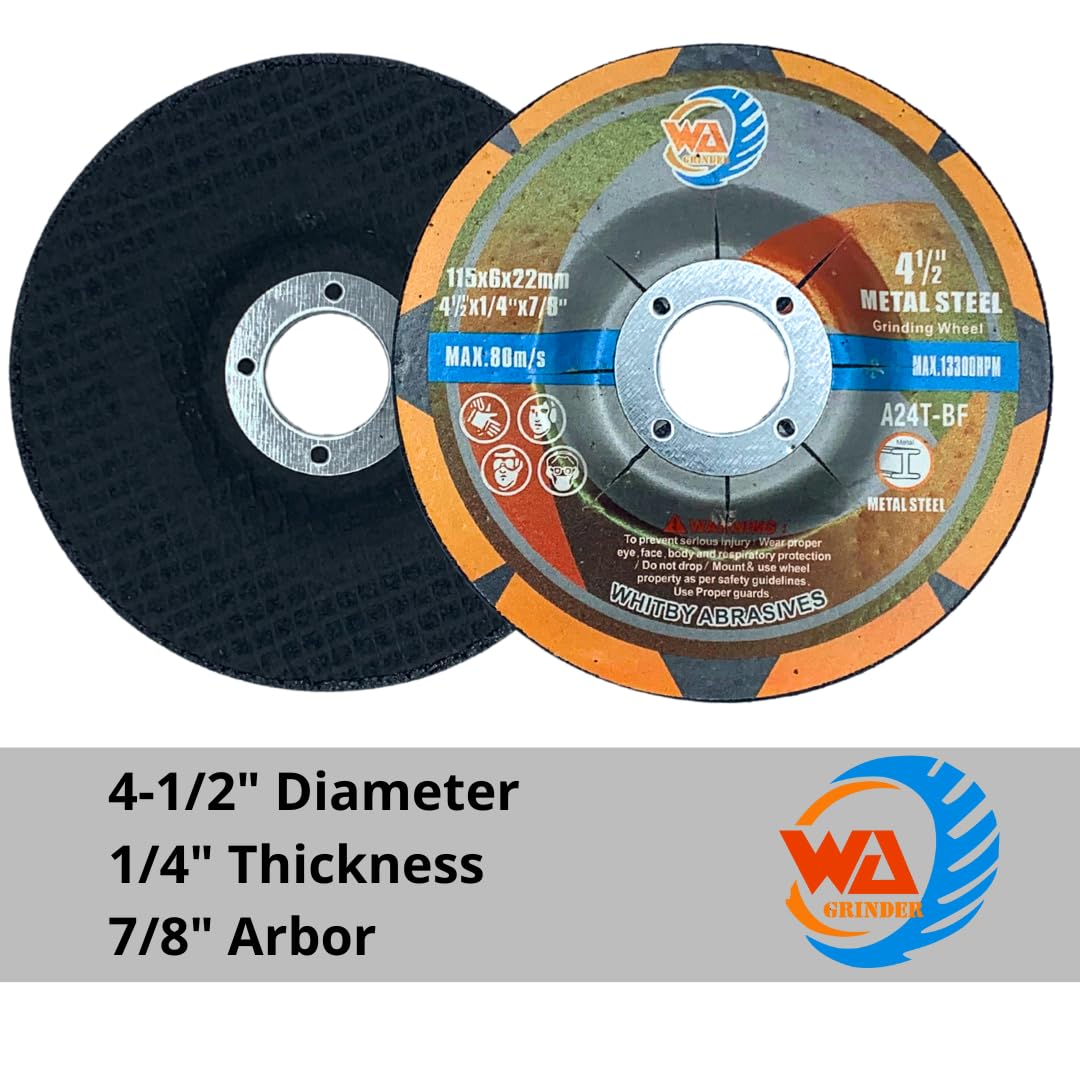 WA GRINDER 25PACK - Muelas abrasivas industriales de centro deprimido 4 1/2" x 1/4" x 7/8" para amoladora angular Disco de esmerilado 4 1/2" de diámetro, 1/4" de espesor, 7/8" de orificio (Negro)