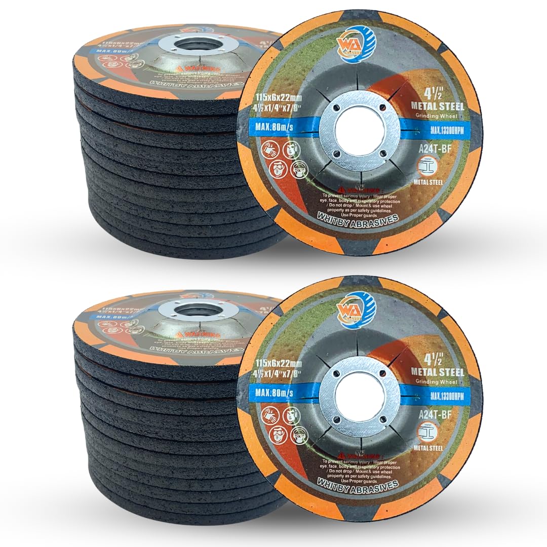 WA GRINDER 25PACK - Muelas abrasivas industriales de centro deprimido 4 1/2" x 1/4" x 7/8" para amoladora angular Disco de esmerilado 4 1/2" de diámetro, 1/4" de espesor, 7/8" de orificio (Negro)
