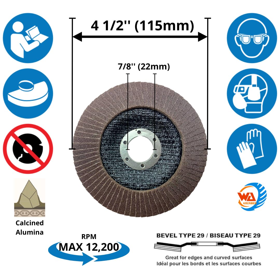 WA GRINDER 25PACK 4 1/2" Discos de lija de óxido de aluminio/circonio calcinado de grado industrial surtidos, 40/60/80/120# Disco de lijado tipo 29 y disco de lija tipo jumbo 36#