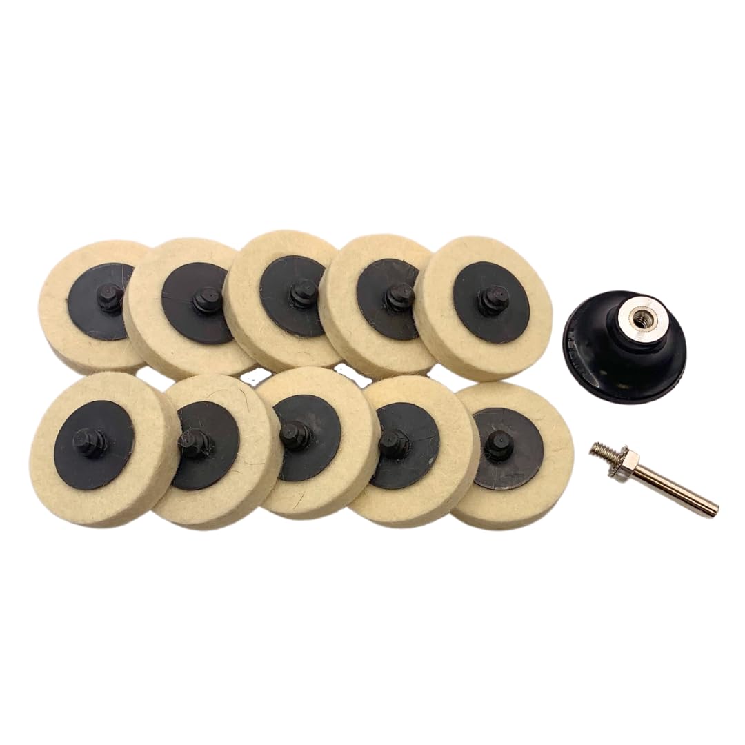 MEULEUSE WA LOT DE 10 - Disque de ponçage en laine de 2 pouces, disque à changement rapide/à verrouillage/mâle de type R en feutre de laine, disques de polissage de surface, avec tige de 1/4 pouce pour perceuse, meuleuse droite, outils rotatifs