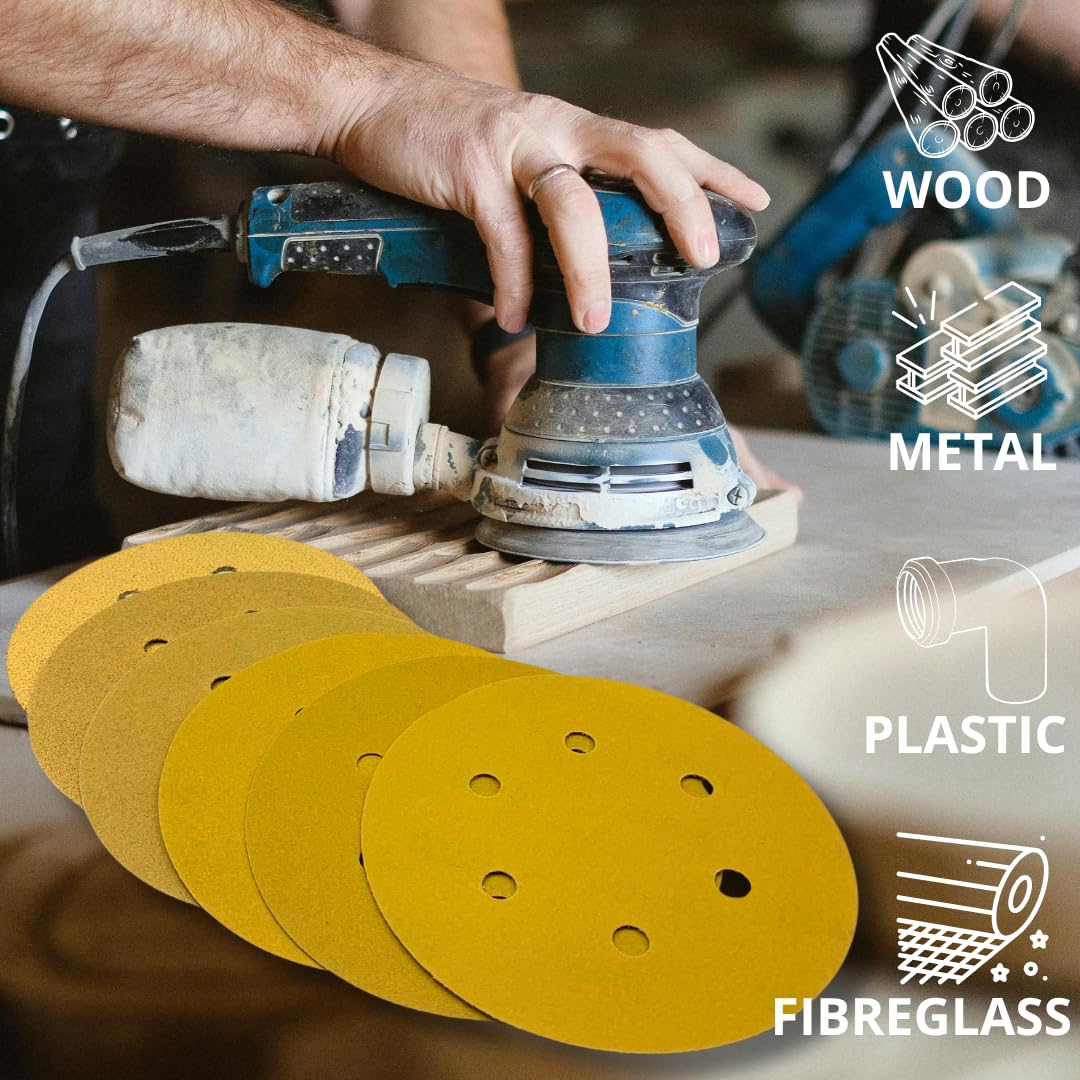 PAQUETE DE 100 - Discos de lija de 6'' con 6 agujeros de velcro, papel de lija orbital dorado para madera, taller automotriz