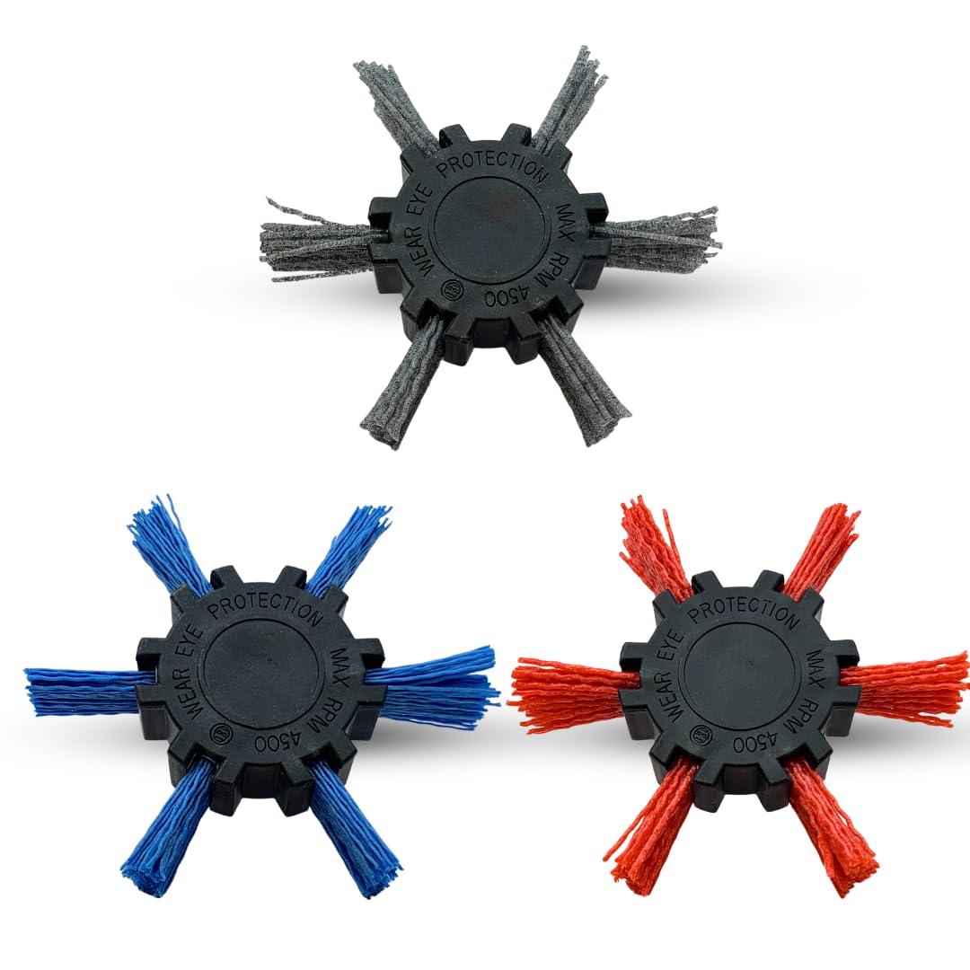 Whitby Abrasives 4 inch nylon flap brushes, assorted grit, 1/4 inch shank, 3 pack