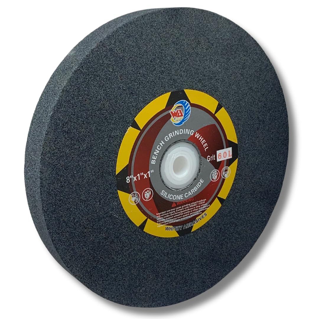 Muela de banco WA de 8", carburo de silicio, vitrificada, eje de 1", grosor de 1" para afilar herramientas de carburo, 8"X1"X1", con ejes ajustables
