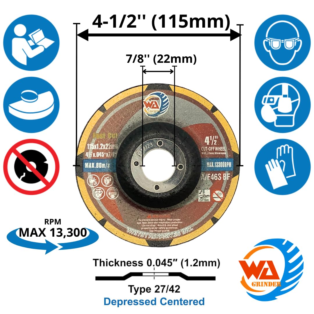 AL POR MAYOR - Discos de corte de centro deprimido T42 de corte rápido de primera calidad para metal y acero inoxidable – 4½"/5"/6"/7" x 0.045" x 7/8" | Whitby Abrasives