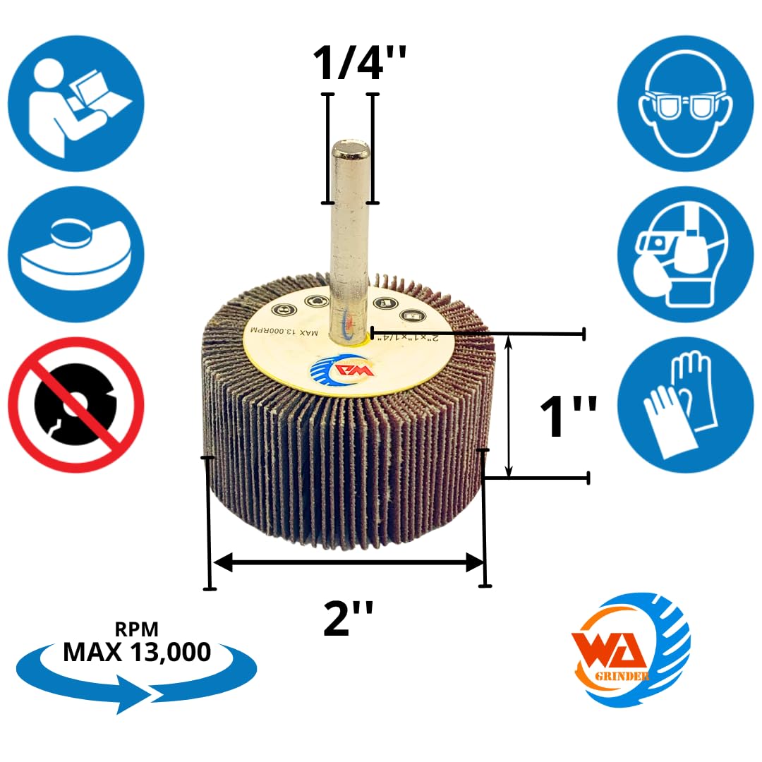 10 PACK 2" x 1" x 1/4" Aluminum Oxide Mounted Flap Wheels with 1/4" Shank