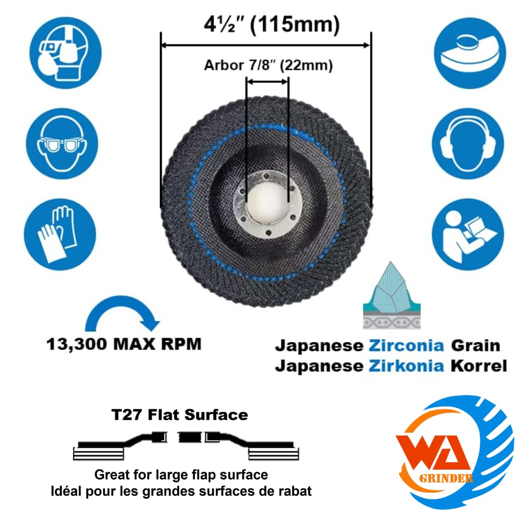 WA 5PCS-4 1/2" x 7/8" Discos de Láminas de Zirconia para Soldadura de Filete de Borde Curvo