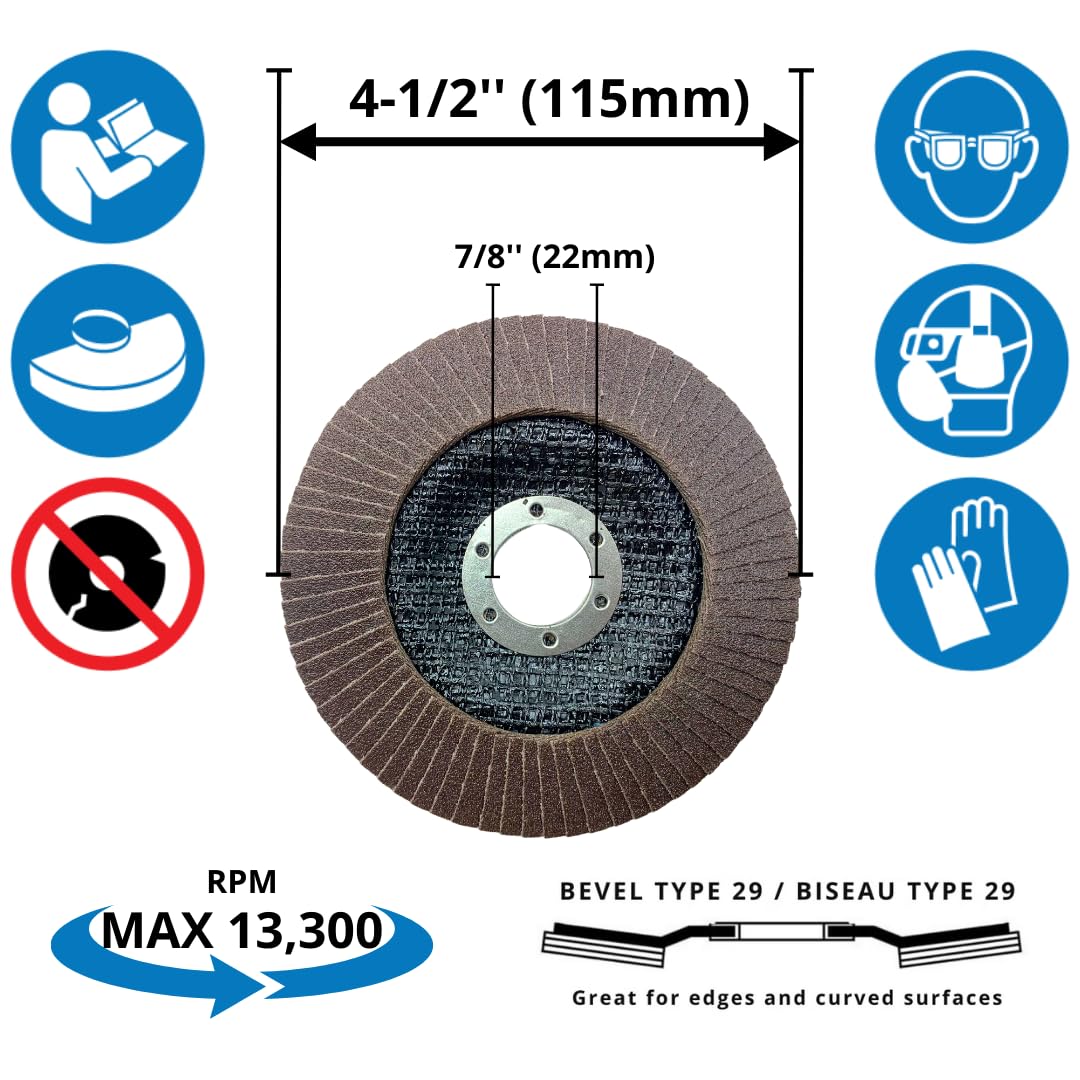 PAQUETE DE 10 - Discos de láminas de alúmina calcinada de 4 1/2" x 7/8" con grano 40#/60#/80# de alta densidad de grado industrial para metal/acero inoxidable/madera, biselados T29