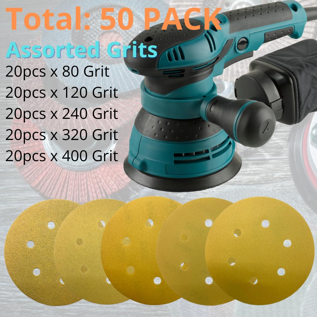 PAQUETE DE 100 - Discos de lija de 6'' con 6 agujeros de velcro, papel de lija orbital dorado para madera, taller automotriz