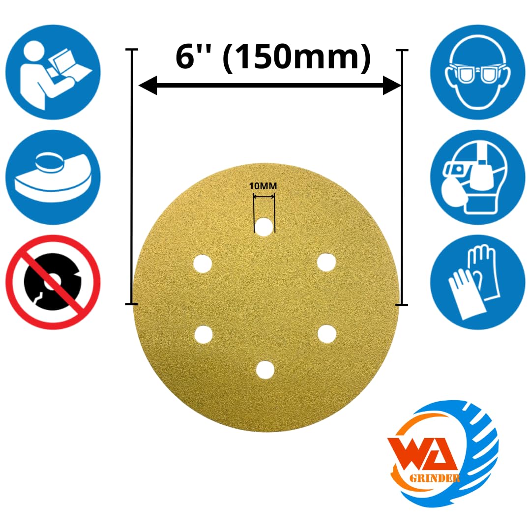PAQUETE DE 100 - Discos de lija de 6'' con 6 agujeros de velcro, papel de lija orbital dorado para madera, taller automotriz