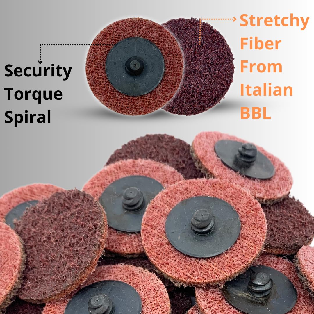 WA PAQUETE DE 25 - Disco de reacondicionamiento de superficie no tejido mediano de 2 pulgadas con soporte de 1/4 de pulgada, disco de grano medio tipo R para desbarbado, limpieza y acabado de metales (Rojo - Medio)