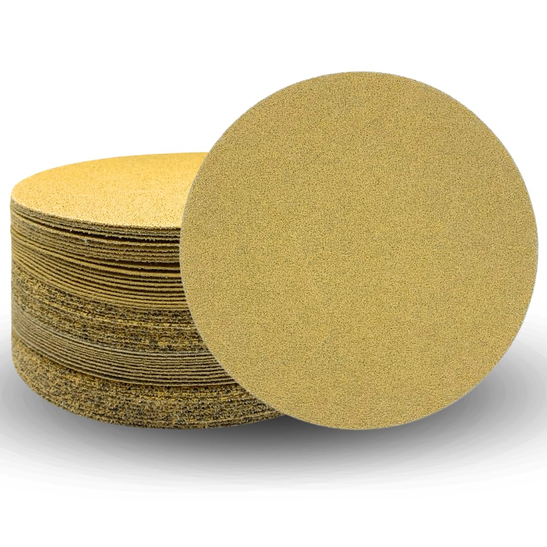PAQUETE DE 100 - Discos de lija de 6'' con 6 agujeros de velcro, papel de lija orbital dorado para madera, taller automotriz
