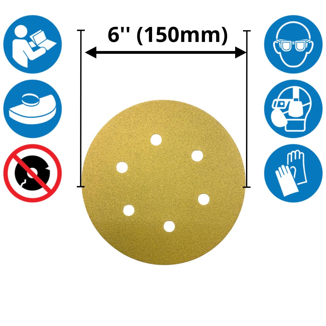 PAQUETE DE 100 - Discos de lija de 6'' con 6 agujeros de velcro, papel de lija orbital dorado para madera, taller automotriz