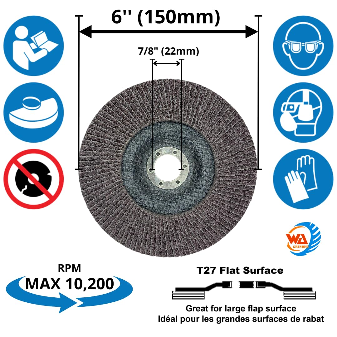 10 PACK 6" x 7/8" 80 Grit T27 Flap Discs for Metal & Stainless Steel