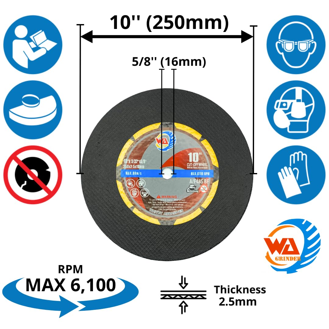 Discos de corte delgados de 10" x 3/32" x 5/8" para metal y acero inoxidable, MÁX. 6,100 RPM