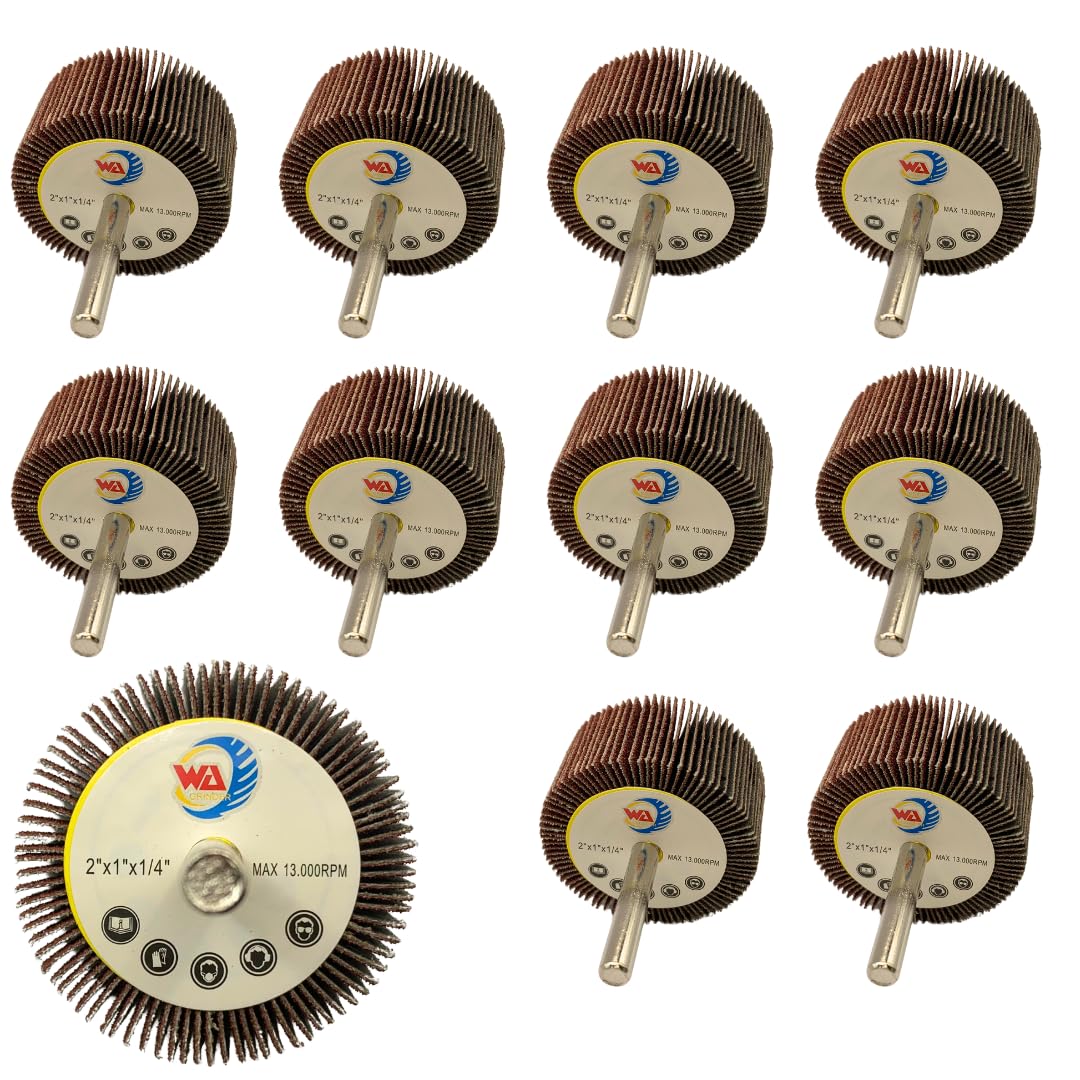 10 PACK 2" x 1" x 1/4" Aluminum Oxide Mounted Flap Wheels with 1/4" Shank