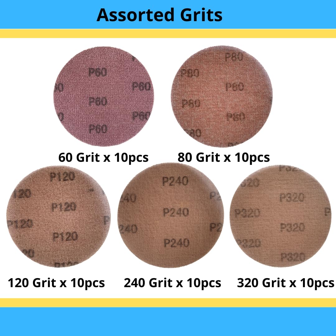50 PACK 6" Mesh Hook & Loop Sanding Discs – Assorted Grit