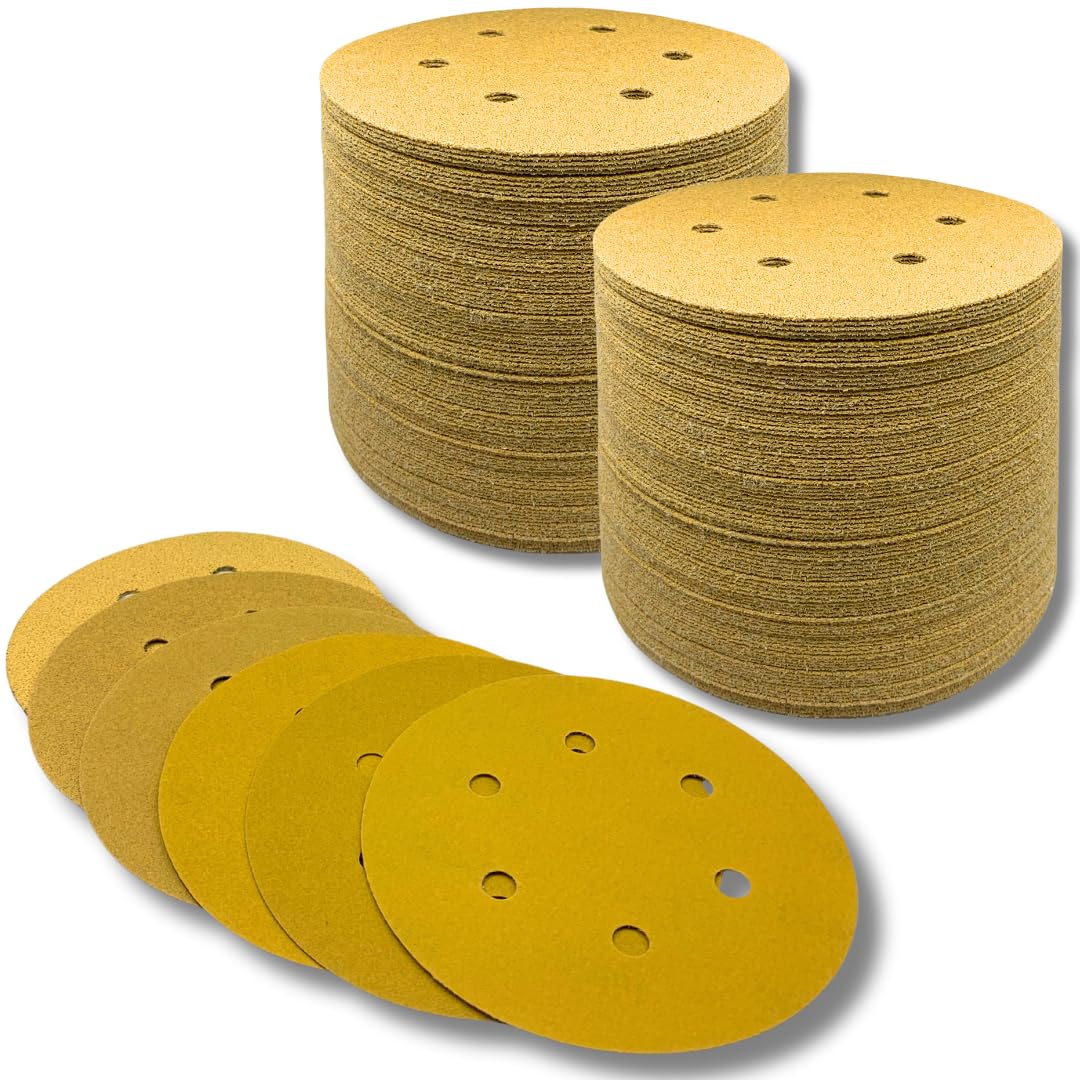 PAQUETE DE 100 - Discos de lija de 6'' con 6 agujeros de velcro, papel de lija orbital dorado para madera, taller automotriz