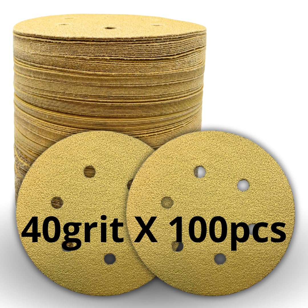 PAQUETE DE 100 - Discos de lija de 6'' con 6 agujeros de velcro, papel de lija orbital dorado para madera, taller automotriz
