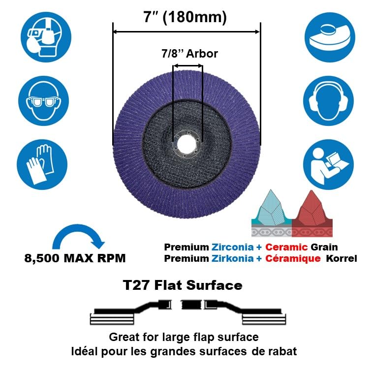 Paquete de 5 discos de lija con solapa de circonio/cerámica púrpura de 7" x 7/8" (17.78 x 2.22 cm), muela abrasiva para amoladora angular, lijado de metal, carpintería, T27, 7 pulgadas (17.78 cm)