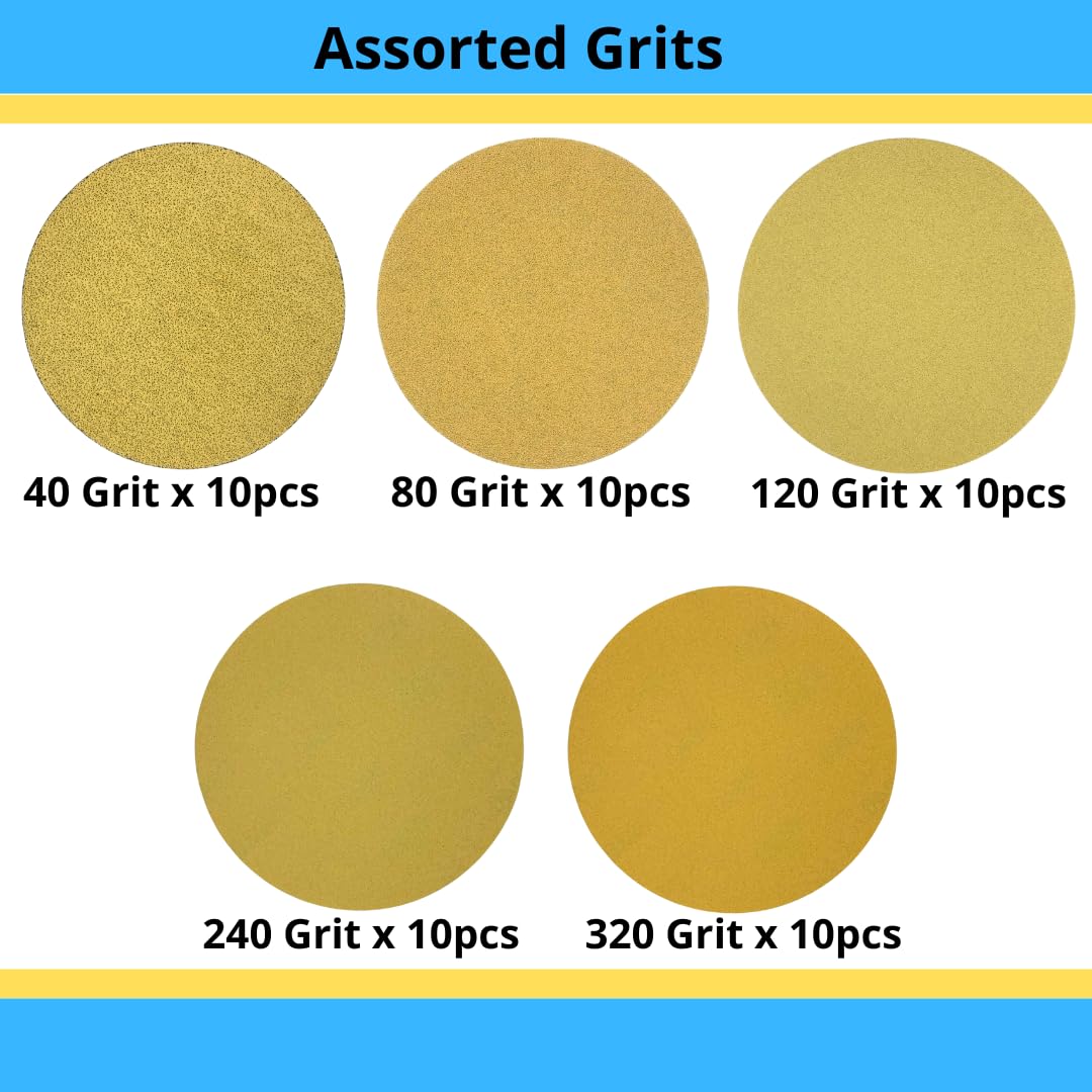 LOT DE 100 - Disques de ponçage auto-agrippants de 6 pouces à 6 trous, papier abrasif orbital doré pour le bois et la carrosserie automobile