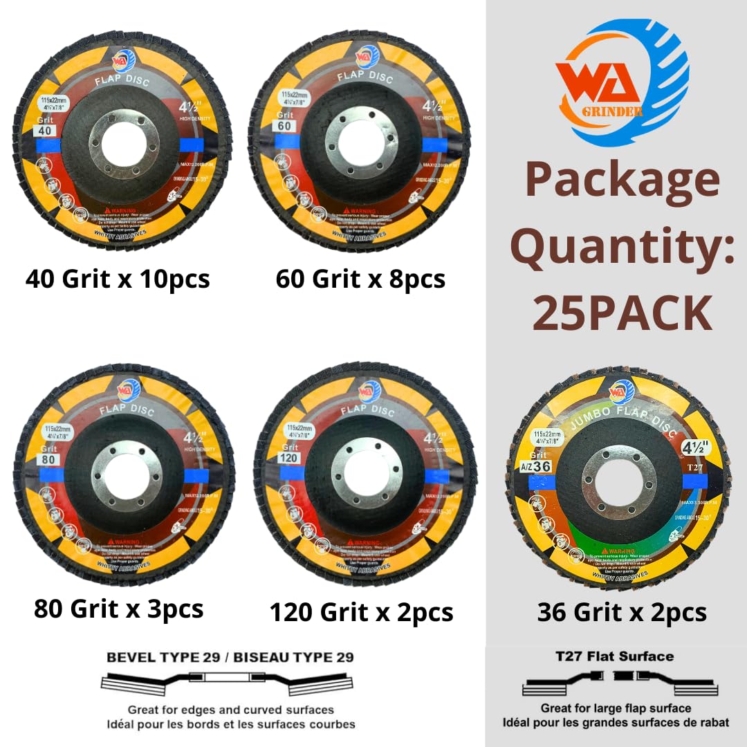 25 PACK 4 1/2" Assorted Industrial Grade Calcined Alumina & Zirconia Flap Discs