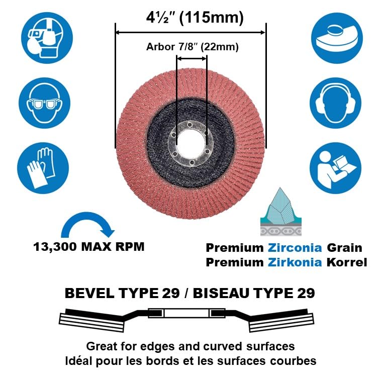 Paquet économique - Disques à lamelles en zircone de 4 1/2 po x 7/8 po, pour meuleuses d'angle, disques à poncer, meules pour acier inoxydable/métal, T29