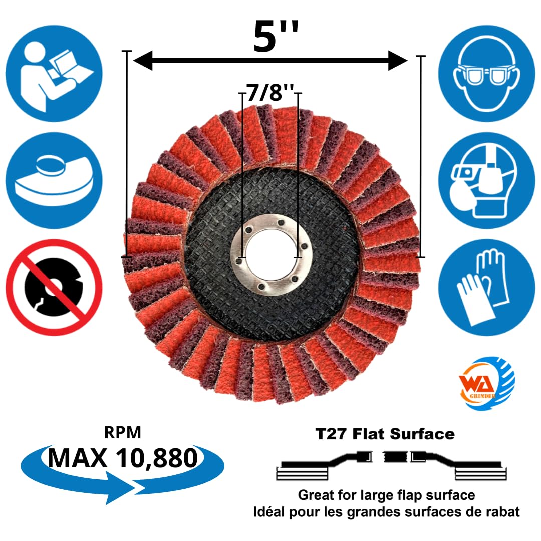 WA 5PACK - Disque à lamelles de conditionnement de surface 5" x 7/8", Disque de ponçage de finition interfolié 2 en 1, Ébavurage/Dérochage/Polissage/Finition en une seule étape, Meule de finition fine pour meuleuse d'angle moyenne T27