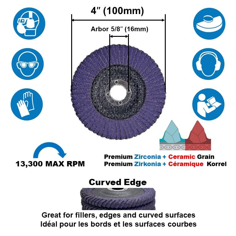 5 PACK 4" x 5/8" Ceramic/Zirconia Curved Edge Flap Discs