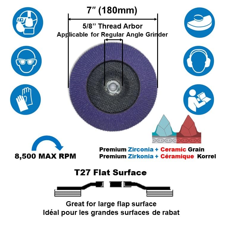 Disco de láminas WA de 7" de zirconio/cerámica, eje roscado de 5/8"-11, T27, grano #40