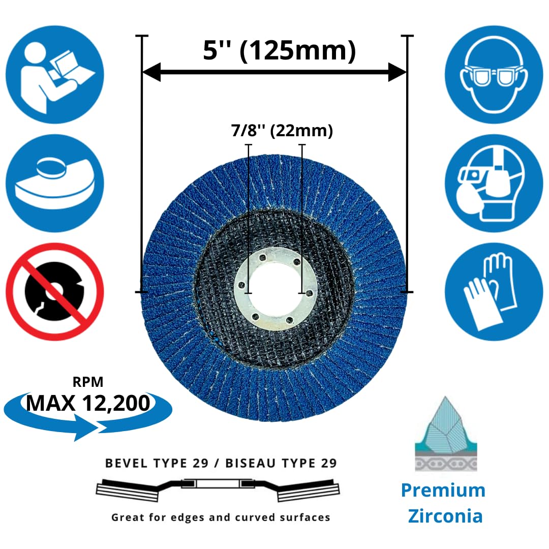 PAQUETE DE 10 - Disco de láminas de alta densidad de circonio 60# de 5 pulgadas, disco de lijado de 5" x 7/8" muela abrasiva para amoladora angular metal/acero inoxidable/carpintería de 5 pulgadas, grano 60 (125 mm x 22.22 mm)