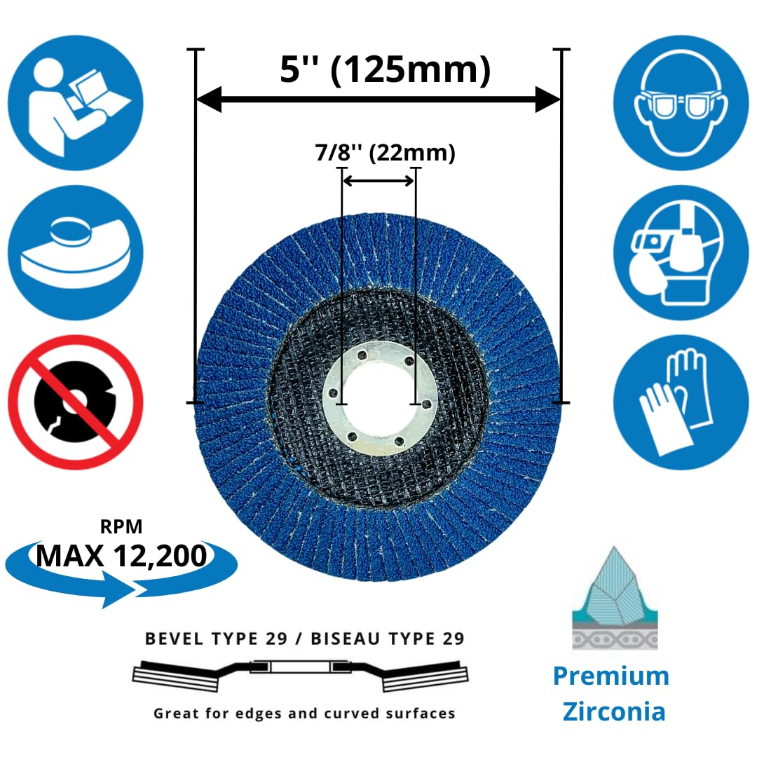 10 PACK 5" x 7/8" Zirconia High Density Type 29 Flap Disc, 40 Grit