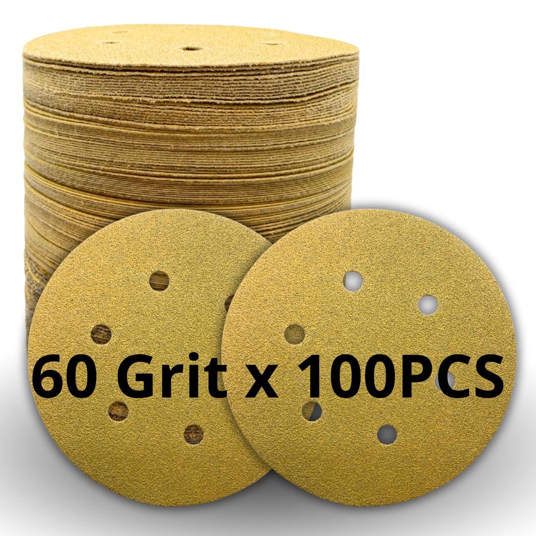 LOT DE 100 - Disques de ponçage auto-agrippants de 6 pouces à 6 trous, papier abrasif orbital doré pour le bois et la carrosserie automobile