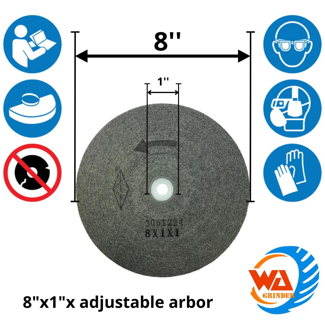 Muela abrasiva WA de 8 pulgadas, fibra de nylon de alta densidad, carburo de silicio, rueda de pulido y desbarbado con eje ajustable, para esmeriladora de banco, 3500 RPM, 8"x1"x1" (eje ajustable)