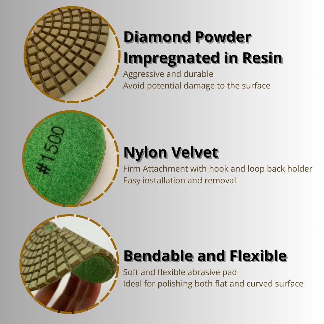 7 PACK 5" Diamond Wet Polishing Pads – 50 to 3000 Grit for Stone & Concrete