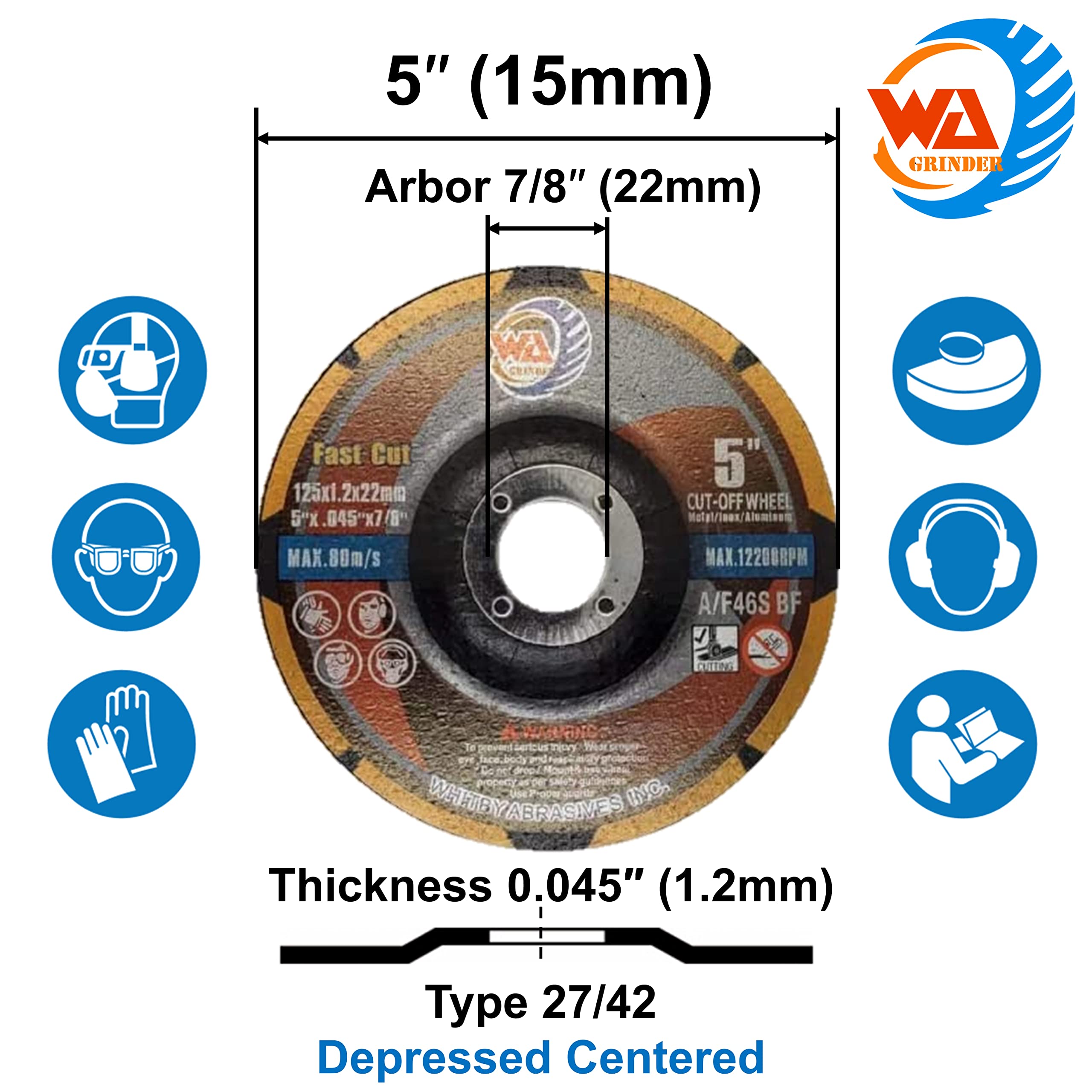 VENTE EN GROS - Disques à tronçonner à moyeu déporté T42 Fast Cut Premium pour métaux et acier inoxydable – 4½"/5"/6"/7" x 0,045" x 7/8" | Whitby Abrasives