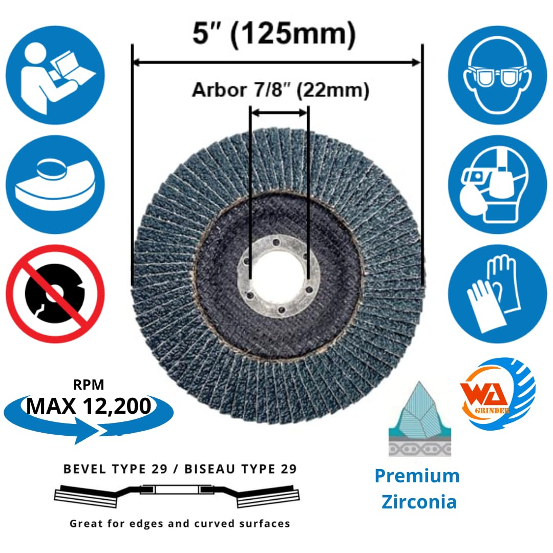 10 PACK 5" x 7/8" Zirconia Type 29 Flap Discs, 40 Grit