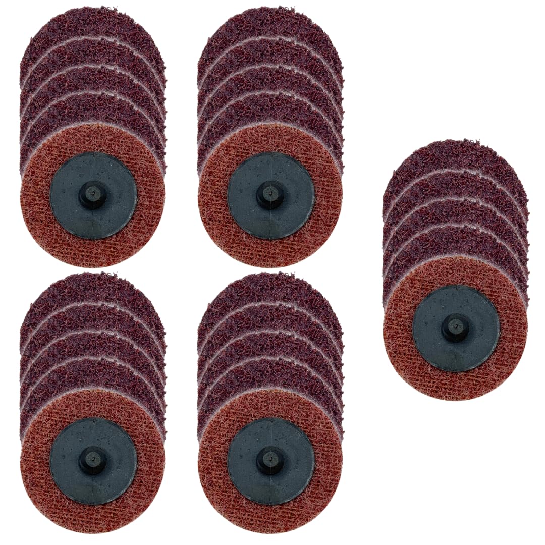 WA PAQUETE DE 25 - Disco de reacondicionamiento de superficie no tejido mediano de 2 pulgadas con soporte de 1/4 de pulgada, disco de grano medio tipo R para desbarbado, limpieza y acabado de metales (Rojo - Medio)