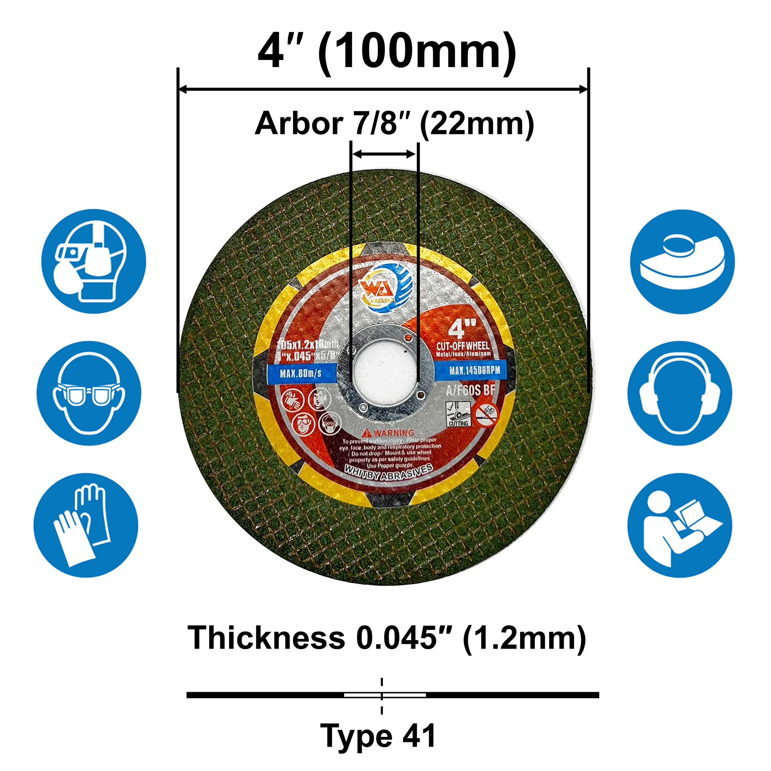 MEULEUSE WA 25PACK - Disques à tronçonner verts de 4"x.045 x5/8" pour métaux et aciers inoxydables, diamètre 4 pouces (Vert - Extra coupant)