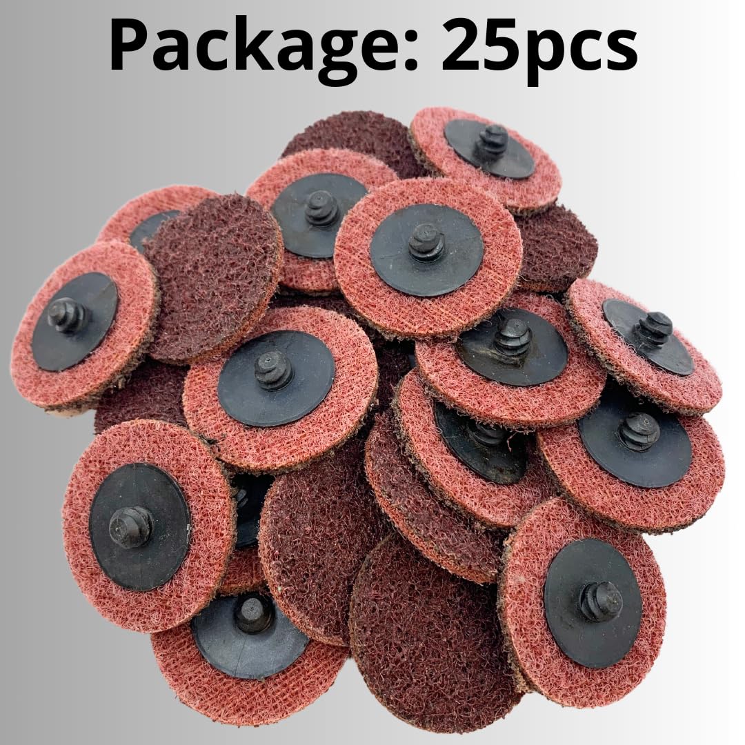WA PAQUETE DE 25 - Disco de reacondicionamiento de superficie no tejido mediano de 2 pulgadas con soporte de 1/4 de pulgada, disco de grano medio tipo R para desbarbado, limpieza y acabado de metales (Rojo - Medio)