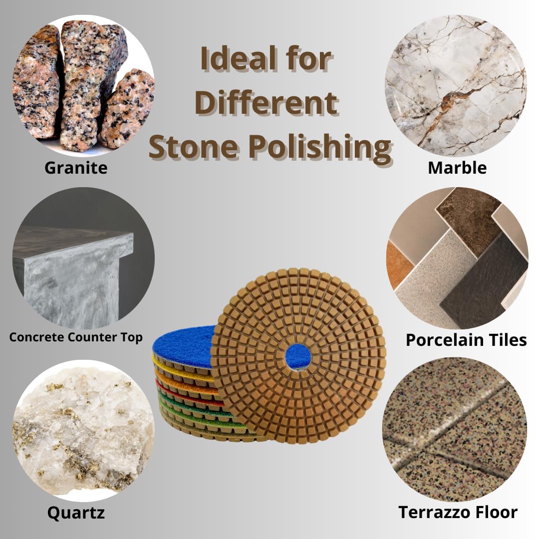 7 PACK 5" Diamond Wet Polishing Pads – 50 to 3000 Grit for Stone & Concrete
