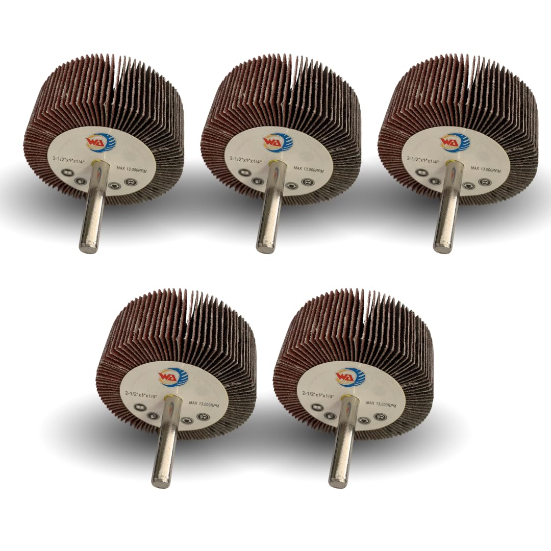 5 PACK 2-1/2" x 1" x 1/4" Aluminum Oxide Mounted Flap Wheels with 1/4" Shank