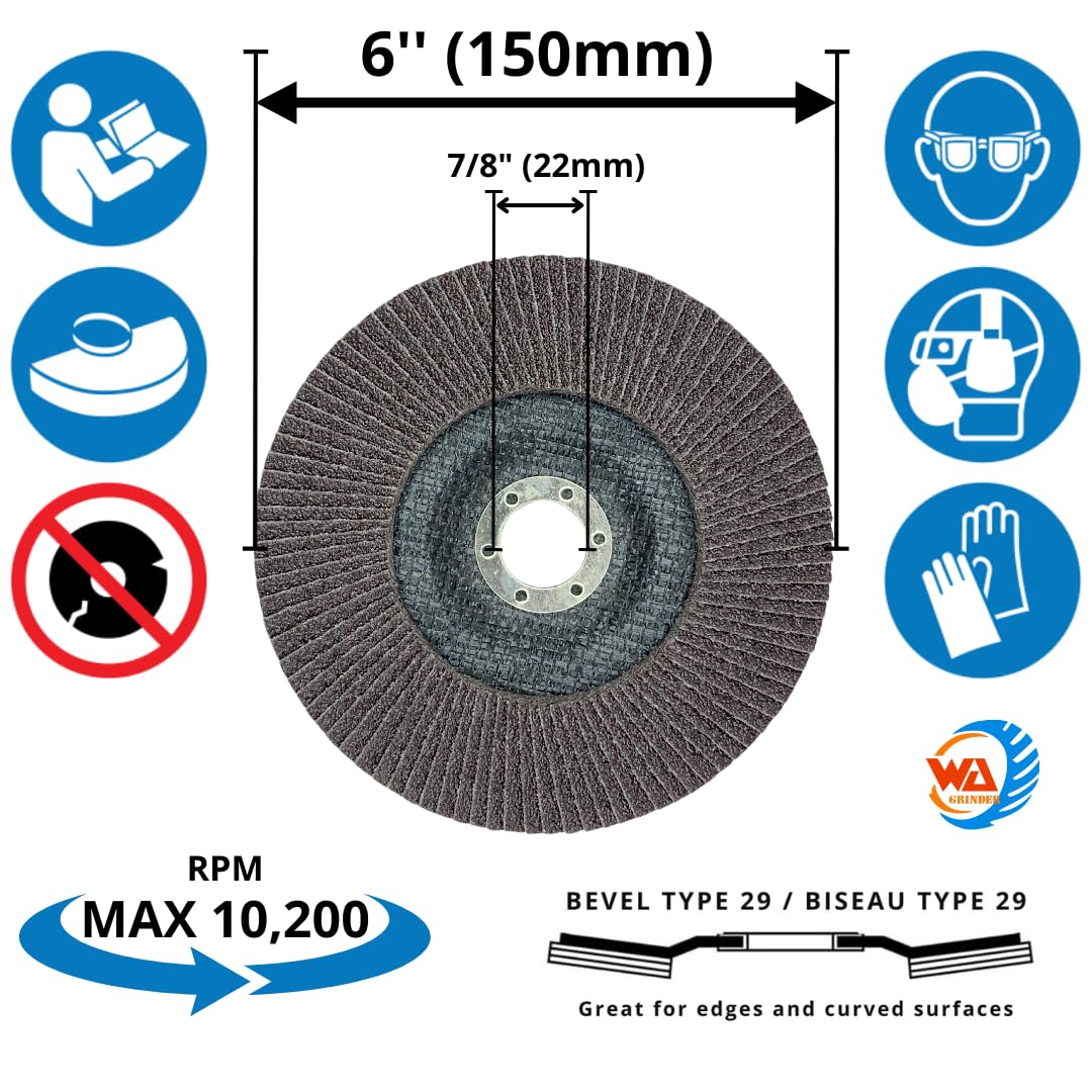 10 UNIDADES - Discos de láminas de 6" x 7/8" pulgadas, 120 granos, discos de lija de alúmina calcinada de densidad, muela abrasiva para amoladora angular, funciona en metal/acero inoxidable/carpintería, 6 pulgadas (150 mm x 22 mm), T29, grano 120