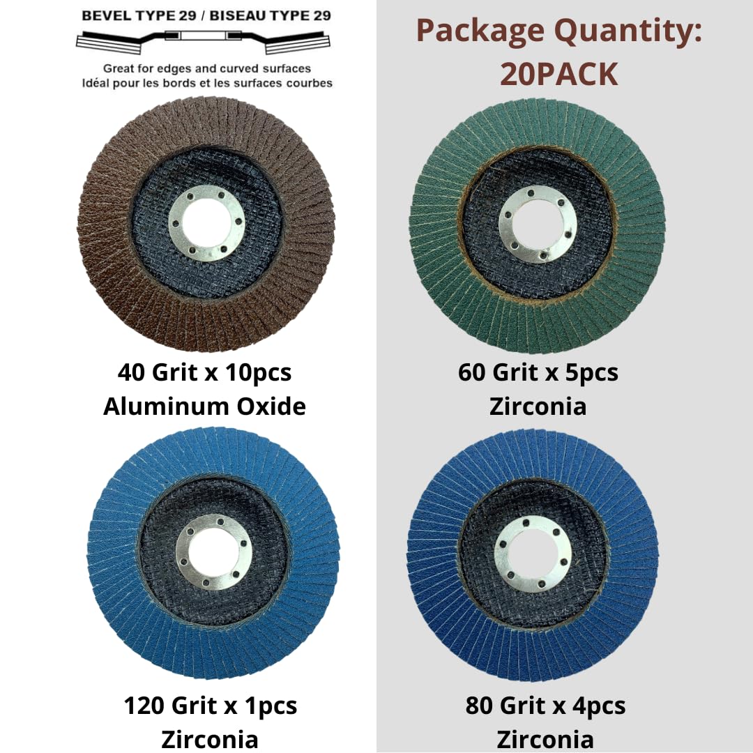 20 PACK 4 1/2" Assorted Grit Zirconia & Aluminum Oxide Flap Discs
