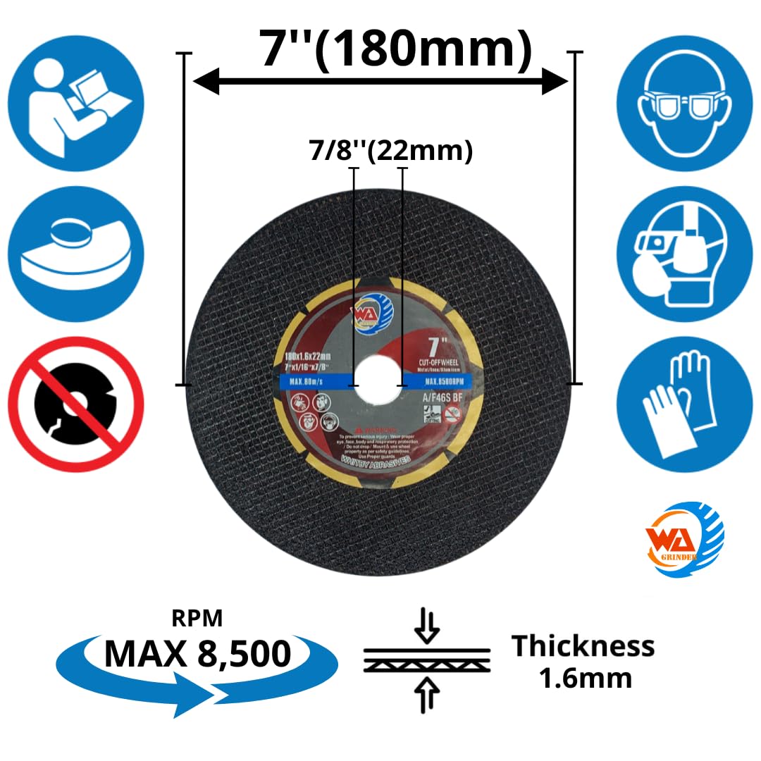 WA LOT DE 10 - Disque à tronçonner 7"x1/16 x7/8" pour métaux et acier inoxydable, pour meuleuse d'angle, diamètre 7 pouces, alésage 7/8 pouce, coupe agressive
