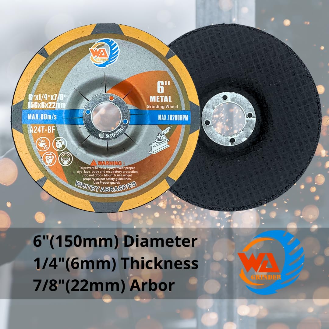 WA GRINDER 5PCS - Discos de desbaste con centro deprimido de 6" x1/4" x7/8" de grado industrial para amoladora angular, disco de desbaste de 6" de diámetro, 1/4" de espesor, eje de 7/8" (negro) 150x6x22mm