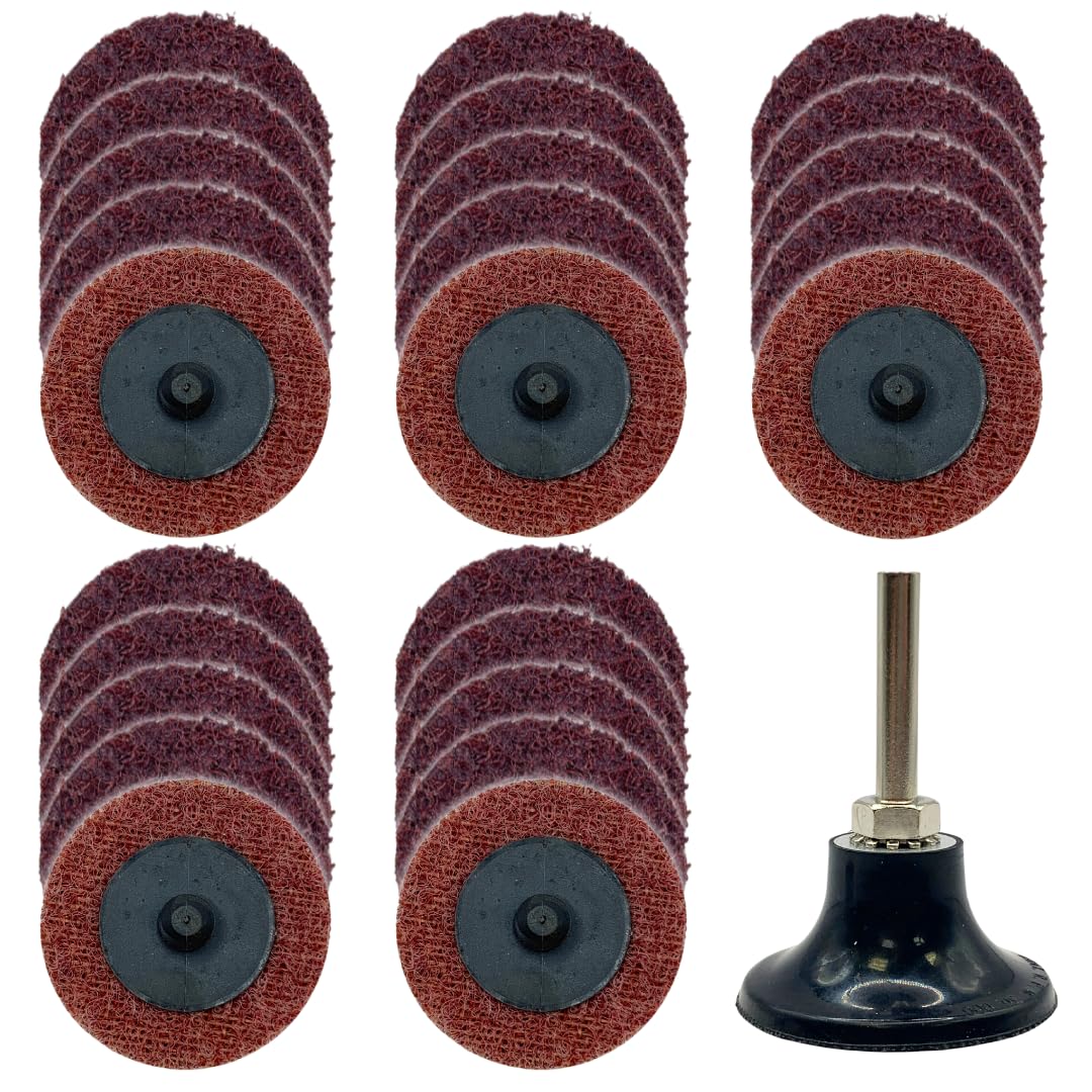 WA PAQUETE DE 25 - Disco de reacondicionamiento de superficie no tejido mediano de 2 pulgadas con soporte de 1/4 de pulgada, disco de grano medio tipo R para desbarbado, limpieza y acabado de metales (Rojo - Medio)