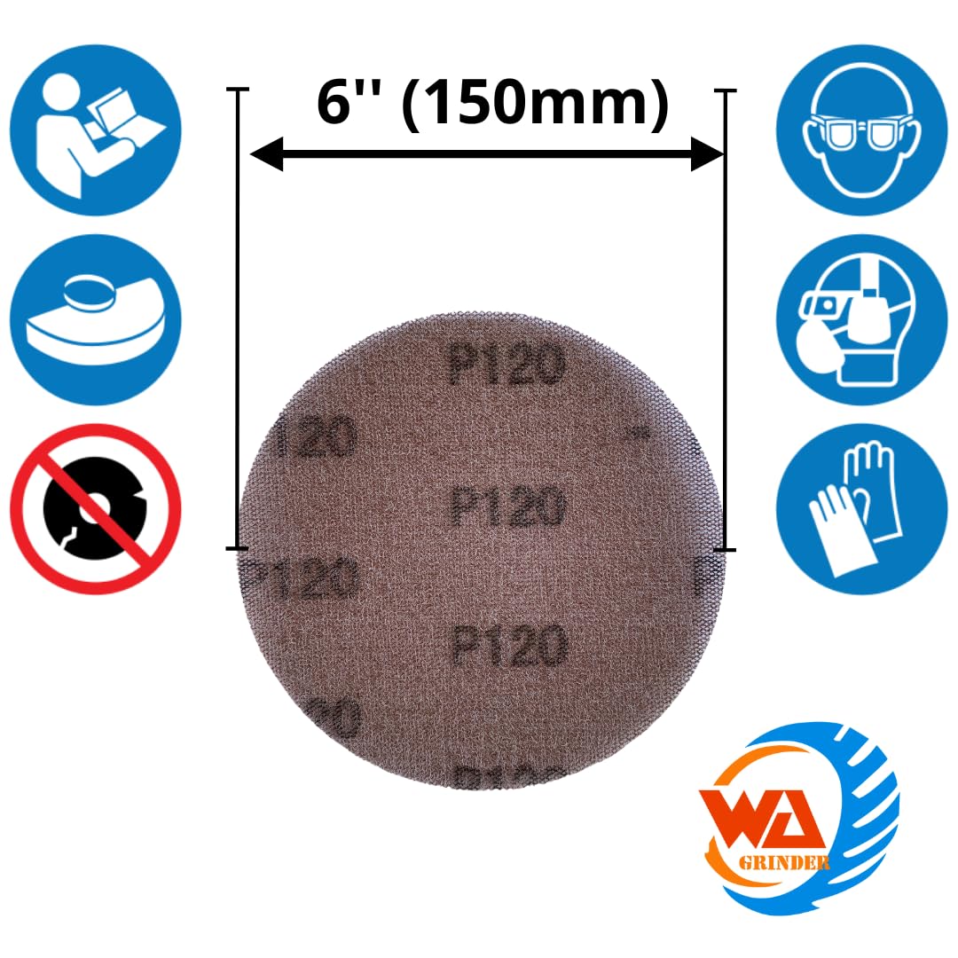 WA 50 unidades – Malla de lijado de 6 pulgadas, discos de lijado de malla con cierre de gancho y bucle, grano surtido 60/80/120/240/320, lijado de red, papel de lija de red sin polvo anti-obstrucción para aplicaciones de muebles de madera y suelos
